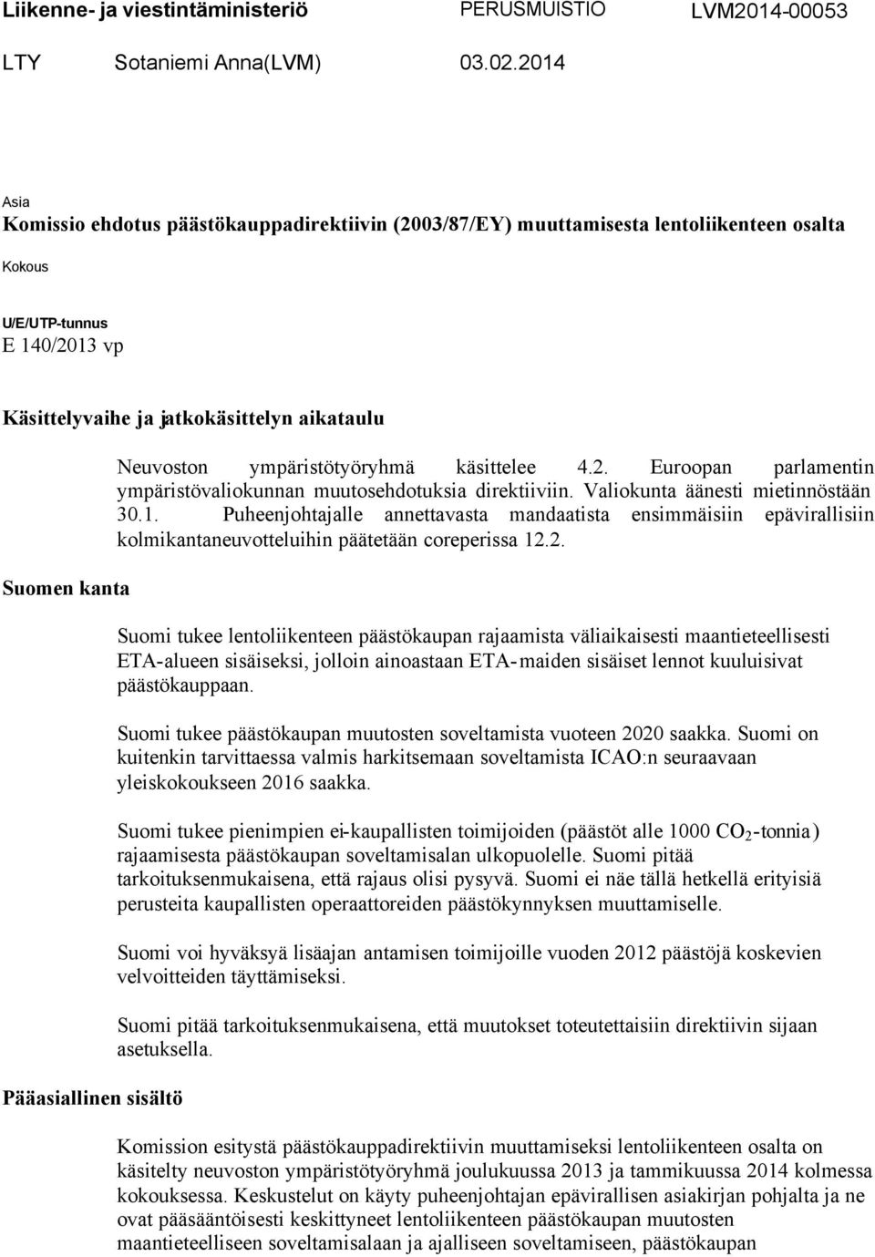 Pääasiallinen sisältö Neuvoston ympäristötyöryhmä käsittelee 4.2. Euroopan parlamentin ympäristövaliokunnan muutosehdotuksia direktiiviin. Valiokunta äänesti mietinnöstään 30.1.