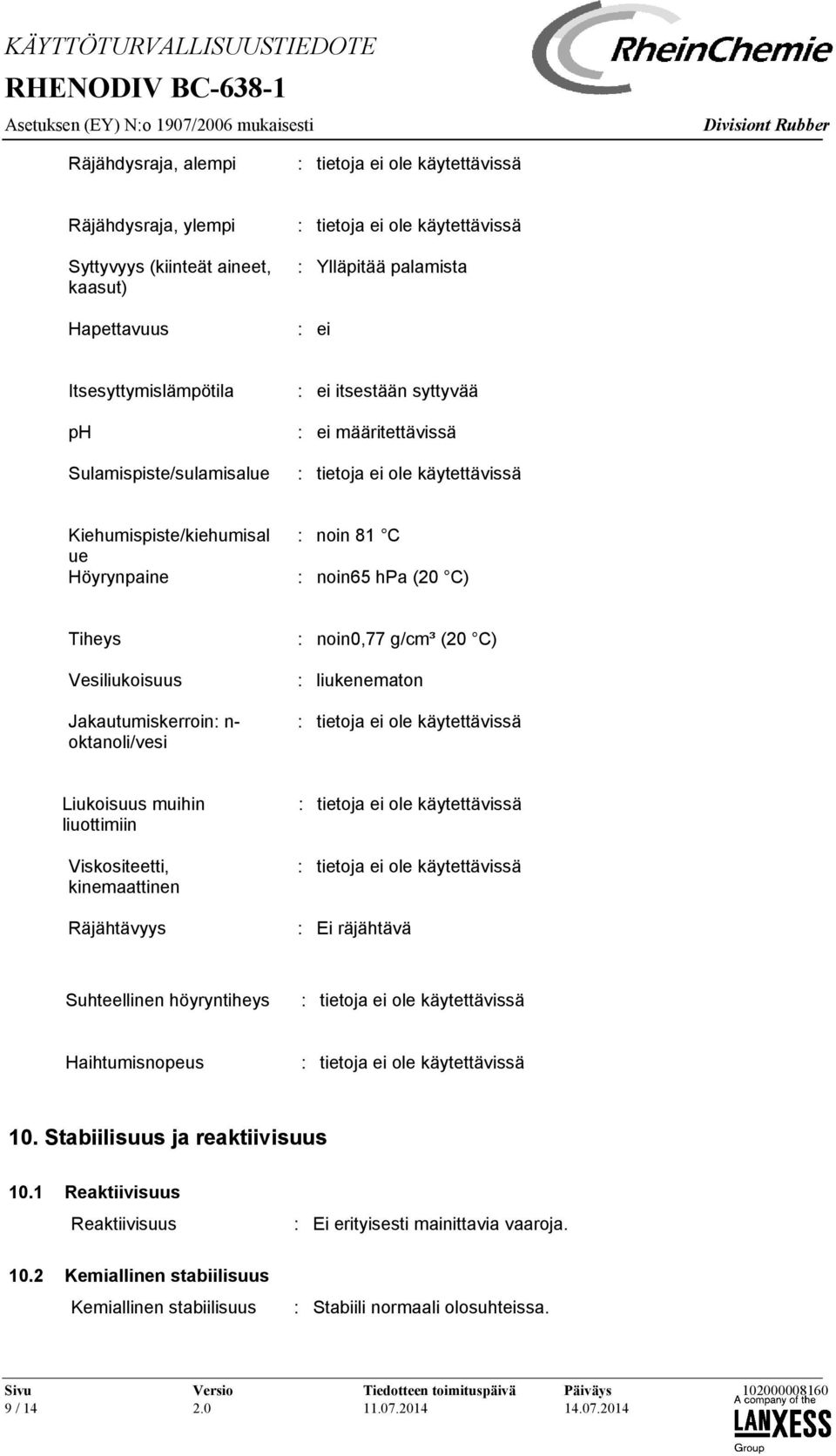 Jakautumiskerroin: n- oktanoli/vesi Liukoisuus muihin liuottimiin Viskositeetti, kinemaattinen Räjähtävyys : Ei räjähtävä Suhteellinen höyryntiheys Haihtumisnopeus 10.