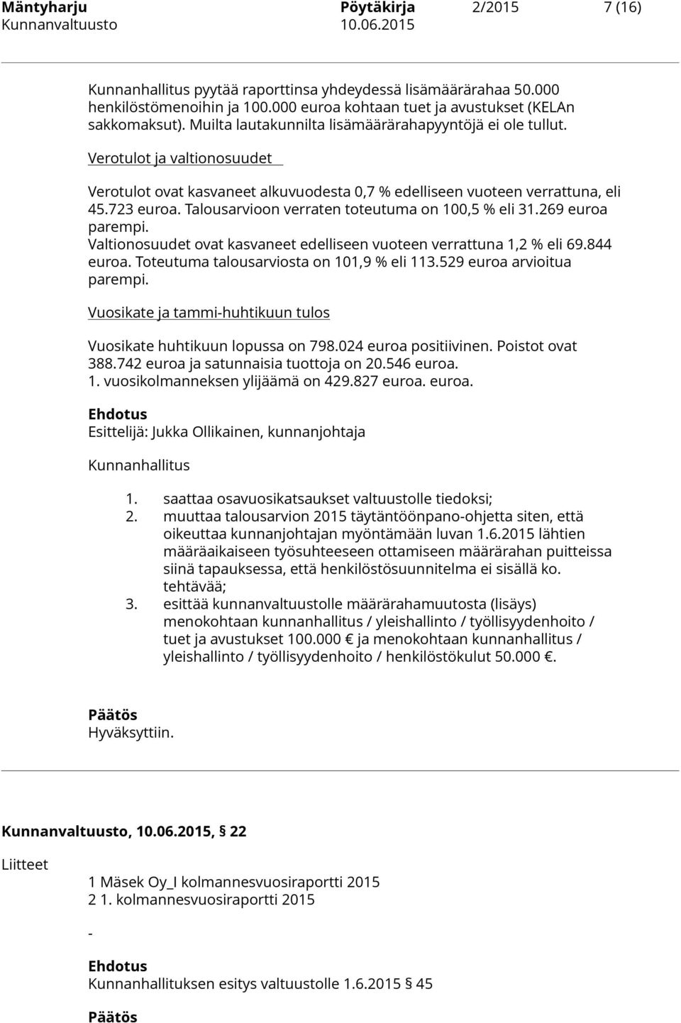 Talousarvioon verraten toteutuma on 100,5 % eli 31.269 euroa parempi. Valtionosuudet ovat kasvaneet edelliseen vuoteen verrattuna 1,2 % eli 69.844 euroa. Toteutuma talousarviosta on 101,9 % eli 113.