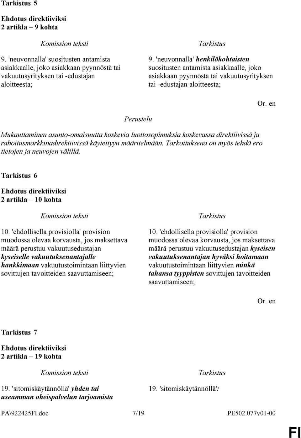 koskevassa direktiivissä ja rahoitusmarkkinadirektiivissä käytettyyn määritelmään. Tarkoituksena on myös tehdä ero tietojen ja neuvojen välillä. 6 2 artikla 10 kohta 10.