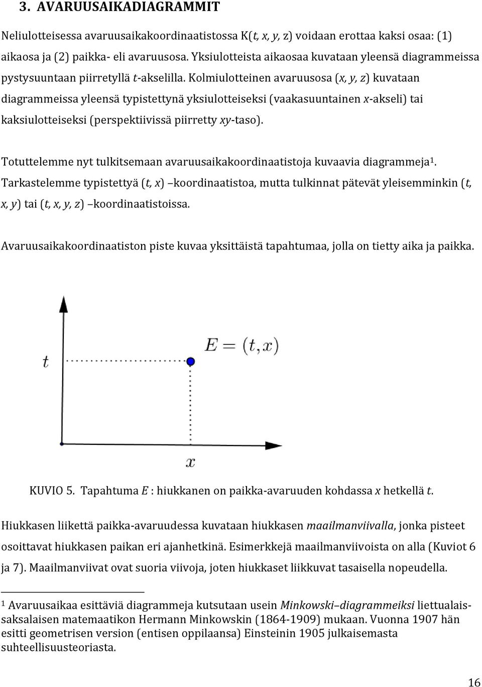 Kolmiulotteinen avaruusosa (x, y, z) kuvataan diagrammeissa yleensä typistettynä yksiulotteiseksi (vaakasuuntainen x-akseli) tai kaksiulotteiseksi (perspektiivissä piirretty xy-taso).