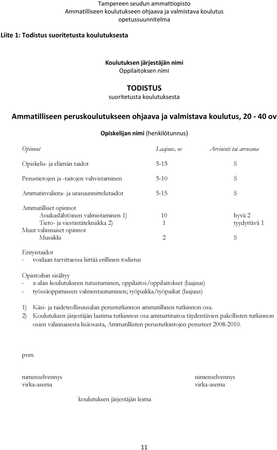 urasuunnittelutaidot 5-15 S Ammatilliset opinnot Asiakaslähtöinen valmistaminen 1) 10 hyvä 2 Tieto- ja viestintätekniikka 2) 1 tyydyttävä 1 Muut valinnaiset opinnot Musiikki 2 S Erityistaidot -