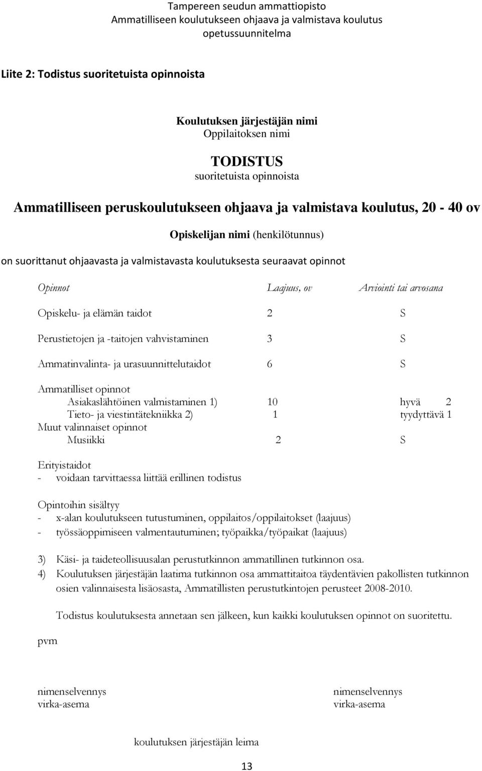 -taitojen vahvistaminen 3 S Ammatinvalinta- ja urasuunnittelutaidot 6 S Ammatilliset opinnot Asiakaslähtöinen valmistaminen 1) 10 hyvä 2 Tieto- ja viestintätekniikka 2) 1 tyydyttävä 1 Muut