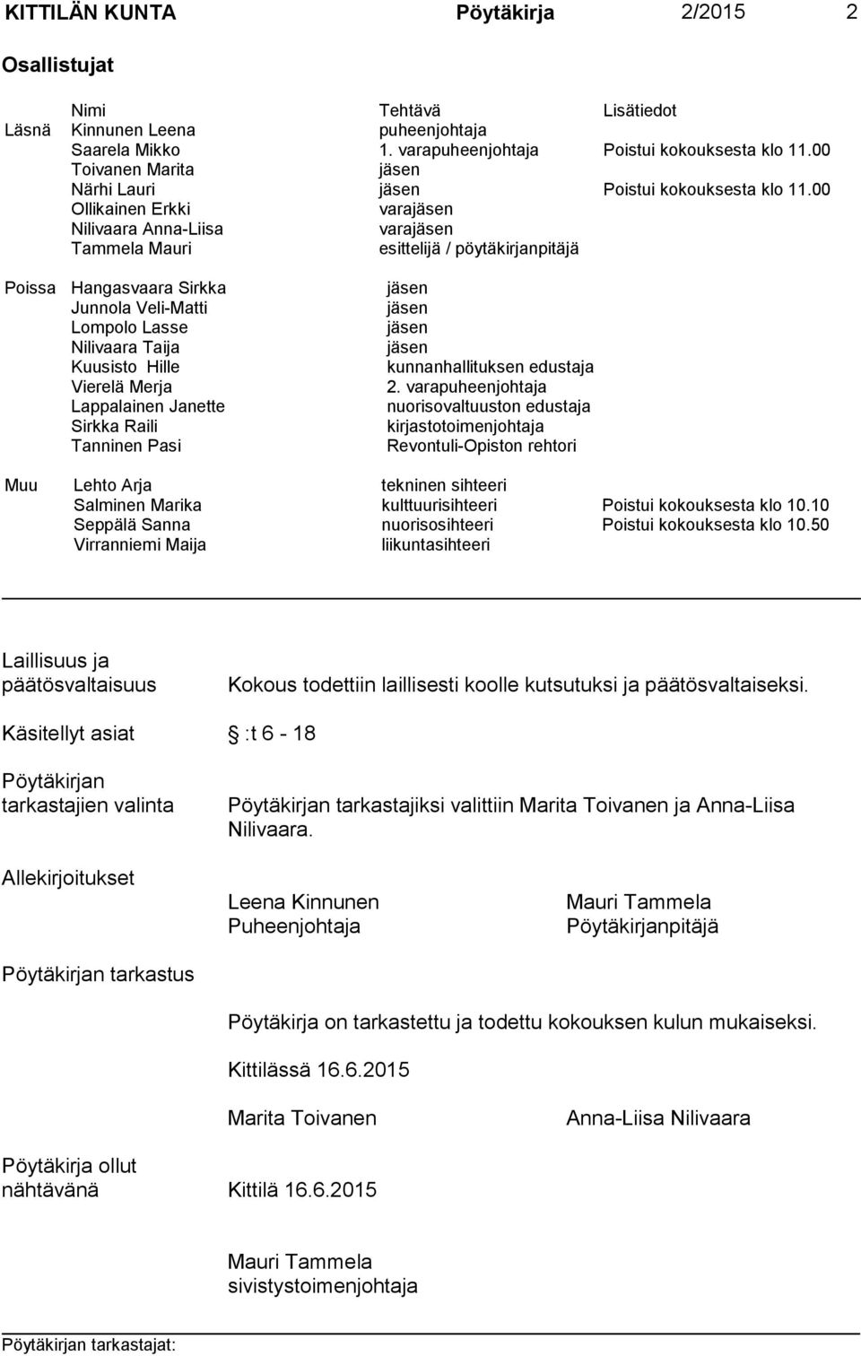 00 Ollikainen Erkki varajäsen Nilivaara Anna-Liisa varajäsen Tammela Mauri esittelijä / pöytäkirjanpitäjä Poissa Hangasvaara Sirkka jäsen Junnola Veli-Matti jäsen Lompolo Lasse jäsen Nilivaara Taija
