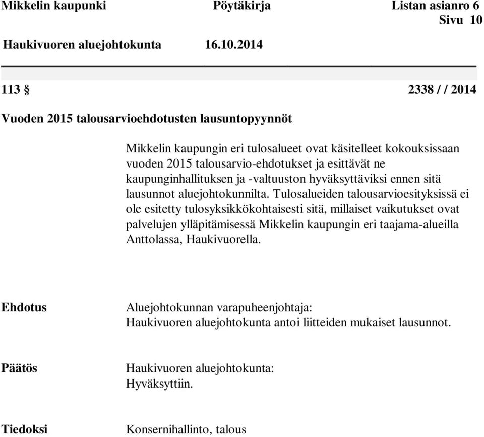 2014 113 2338 / / 2014 Vuoden 2015 talousarvioehdotusten lausuntopyynnöt Mikkelin kaupungin eri tulosalueet ovat käsitelleet kokouksissaan vuoden 2015 talousarvio-ehdotukset ja esittävät ne