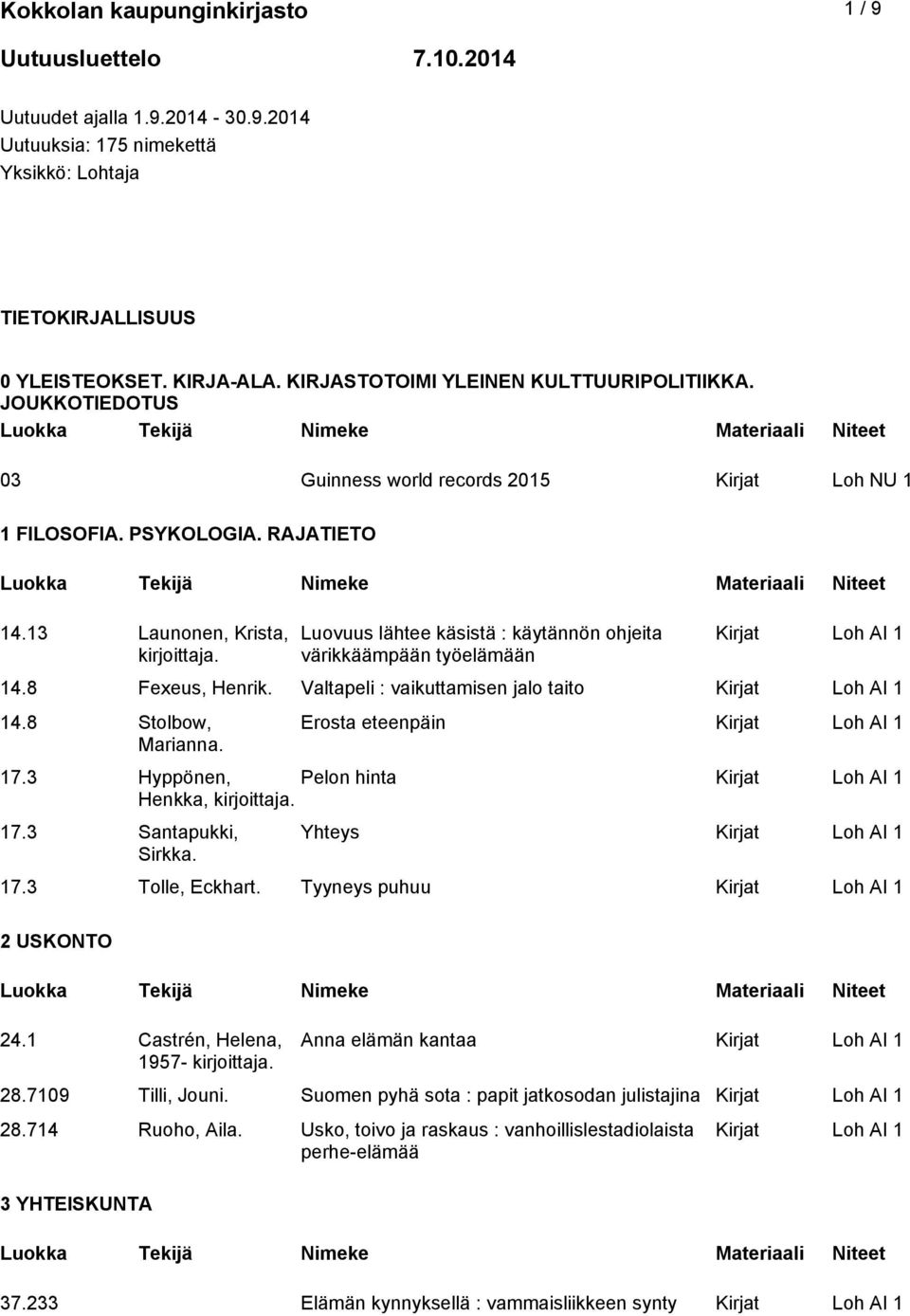 13 Launonen, Krista, Luovuus lähtee käsistä : käytännön ohjeita värikkäämpään työelämään 14.8 Fexeus, Henrik. Valtapeli : vaikuttamisen jalo taito 14.8 Stolbow, Marianna. Erosta eteenpäin 17.