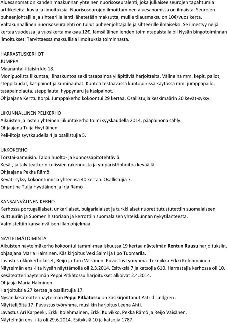 Se ilmestyy neljä kertaa vuodessa ja vuosikerta maksaa 12. Jämsäläinen lehden toimintapalstalla oli Nysän bingotoiminnan ilmoitukset. Tarvittaessa maksullisia ilmoituksia toiminnasta.