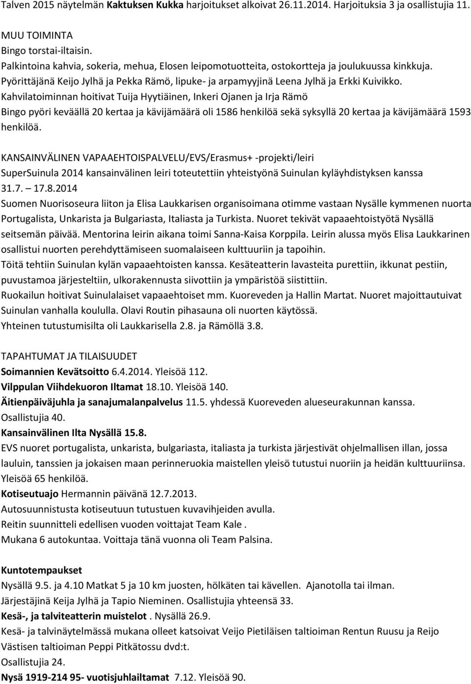 Kahvilatoiminnan hoitivat Tuija Hyytiäinen, Inkeri Ojanen ja Irja Rämö Bingo pyöri keväällä 20 kertaa ja kävijämäärä oli 1586 henkilöä sekä syksyllä 20 kertaa ja kävijämäärä 1593 henkilöä.