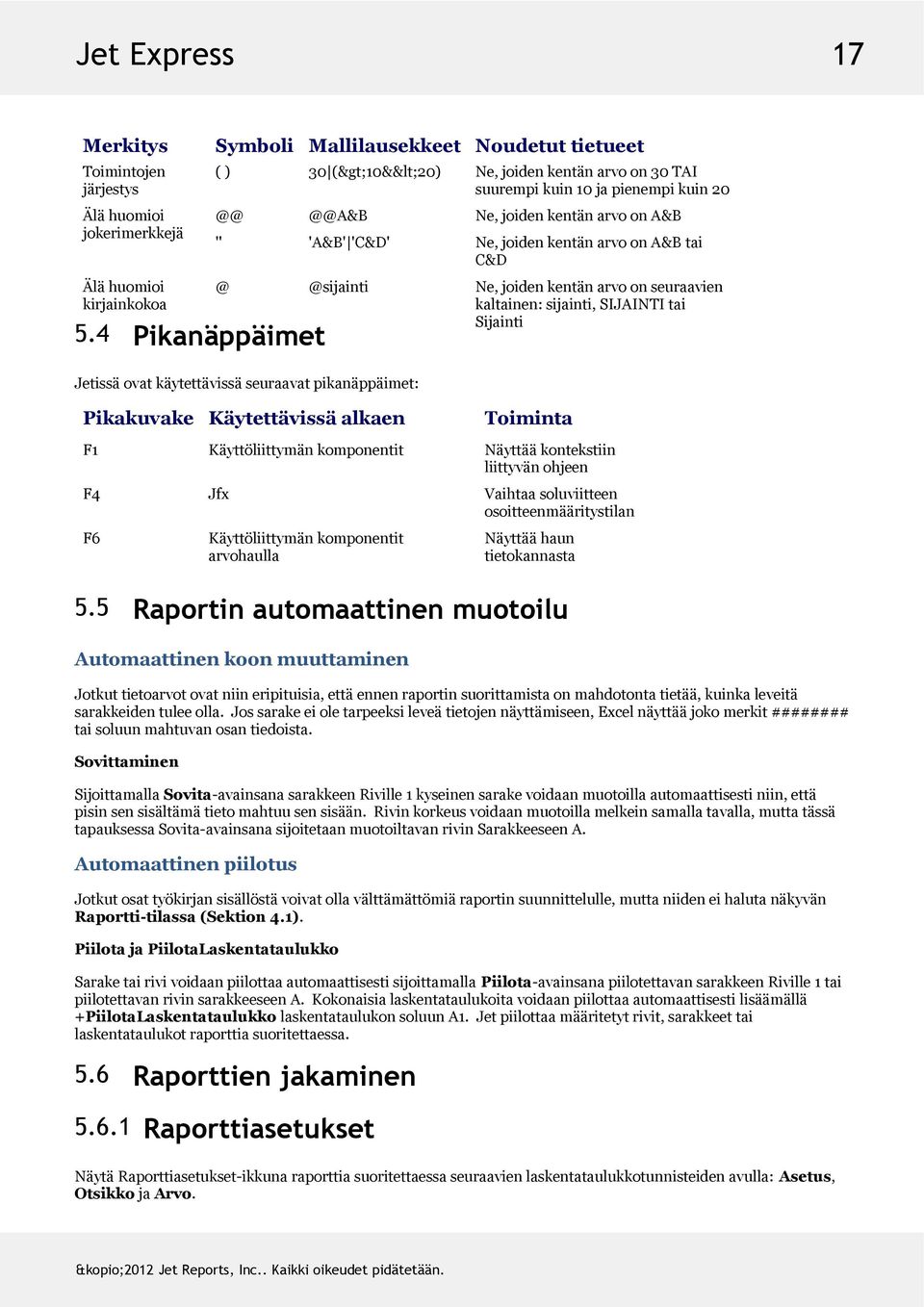 Ne,joidenkentänarvoonseuraavien kaltainen:sijainti,sijaintitai Sijainti Jetissäovatkäytettävissäseuraavatpikanäppäimet: Pikakuvake Käytettävissäalkaen Toiminta F1 Käyttöliittymänkomponentit