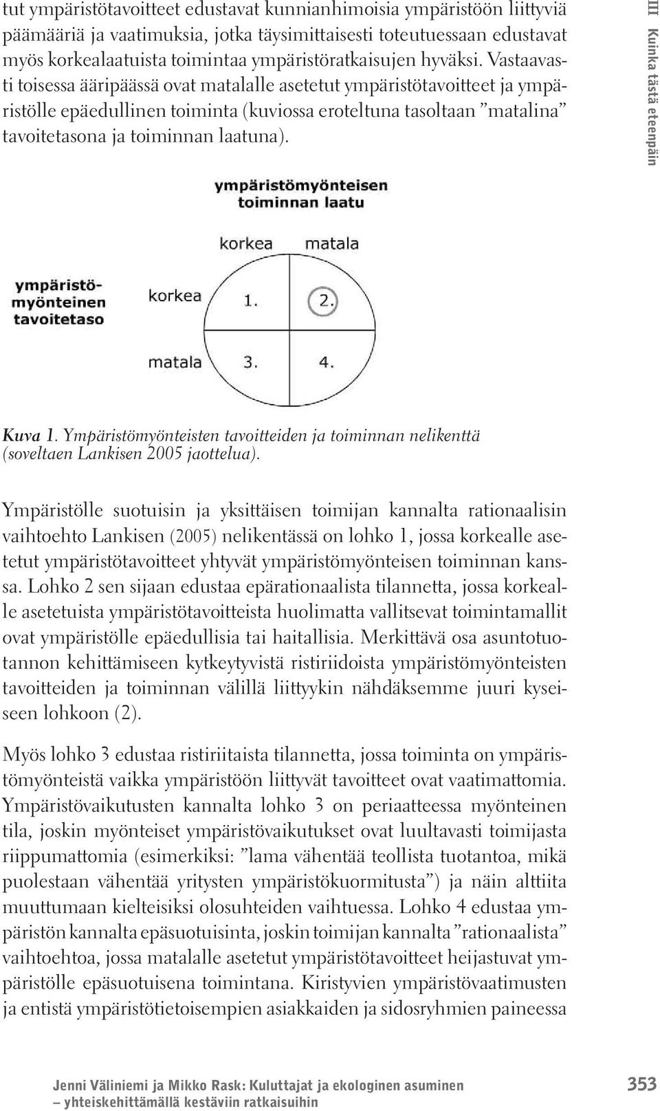 III Kuinka tästä eteenpäin Kuva 1. Ympäristömyönteisten tavoitteiden ja toiminnan nelikenttä (soveltaen Lankisen 2005 jaottelua).