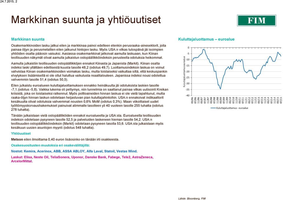 Aasiassa osakemarkkinat jatkoivat aamulla laskuaan, kun Kiinan teollisuuden näkymät olivat aamulla julkaistun ostopäällikköindeksin perusteella odotuksia heikommat.