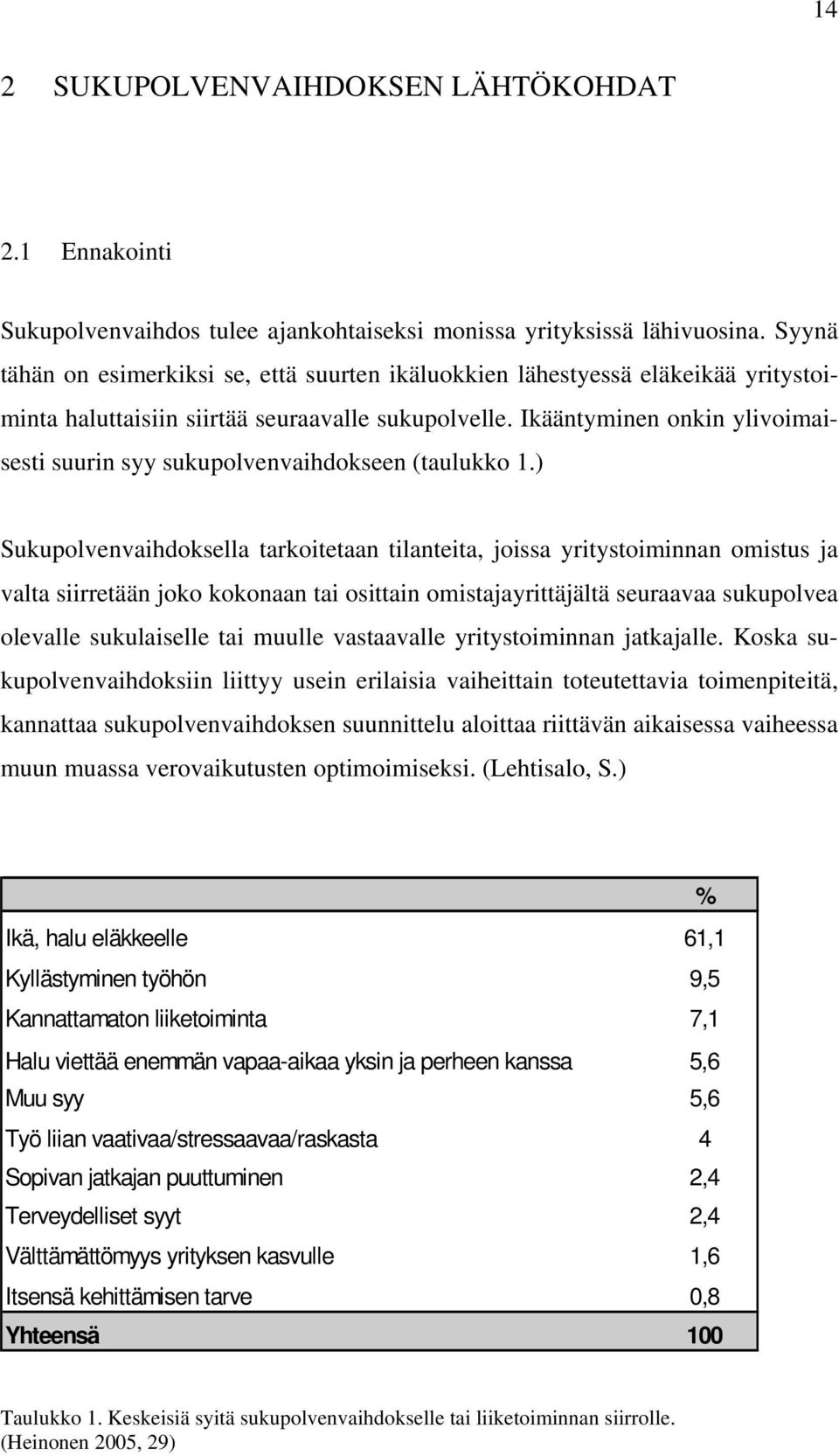 Ikääntyminen onkin ylivoimaisesti suurin syy sukupolvenvaihdokseen (taulukko 1.