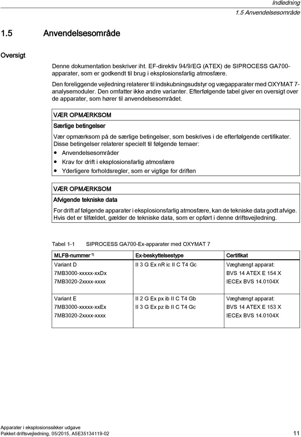 Den foreliggende vejledning relaterer til indskubningsudstyr og vægapparater med OXYMAT 7- analysemoduler. Den omfatter ikke andre varianter.