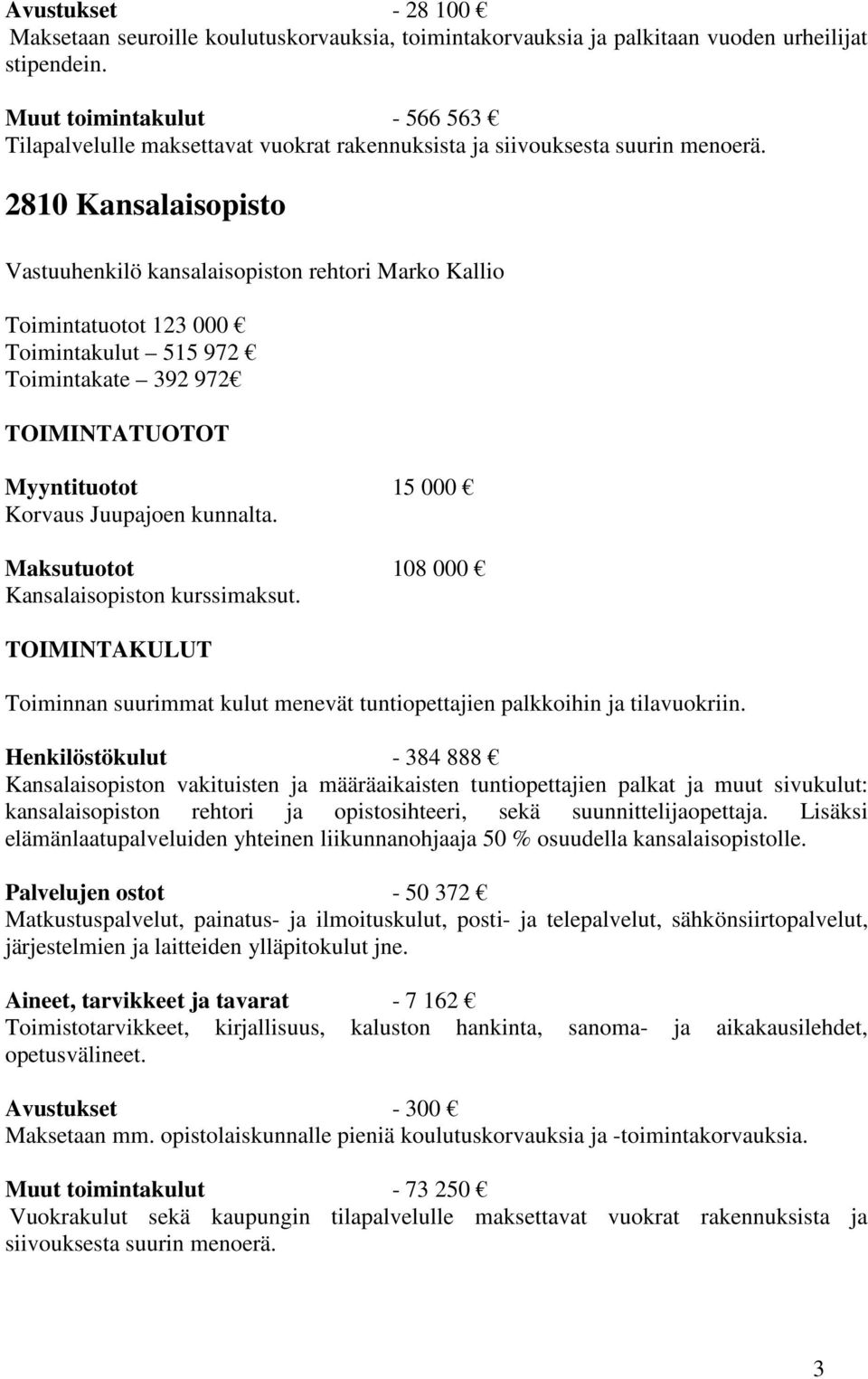 2810 Kansalaisopisto Toimintatuotot 123 000 Toimintakulut 515 972 Toimintakate 392 972 Myyntituotot 15 000 Korvaus Juupajoen kunnalta. Maksutuotot 108 000 Kansalaisopiston kurssimaksut.