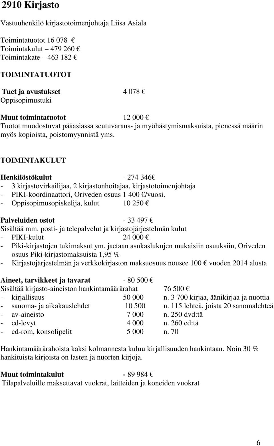 Henkilöstökulut - 274 346-3 kirjastovirkailijaa, 2 kirjastonhoitajaa, kirjastotoimenjohtaja - PIKI-koordinaattori, Oriveden osuus 1 400 /vuosi.