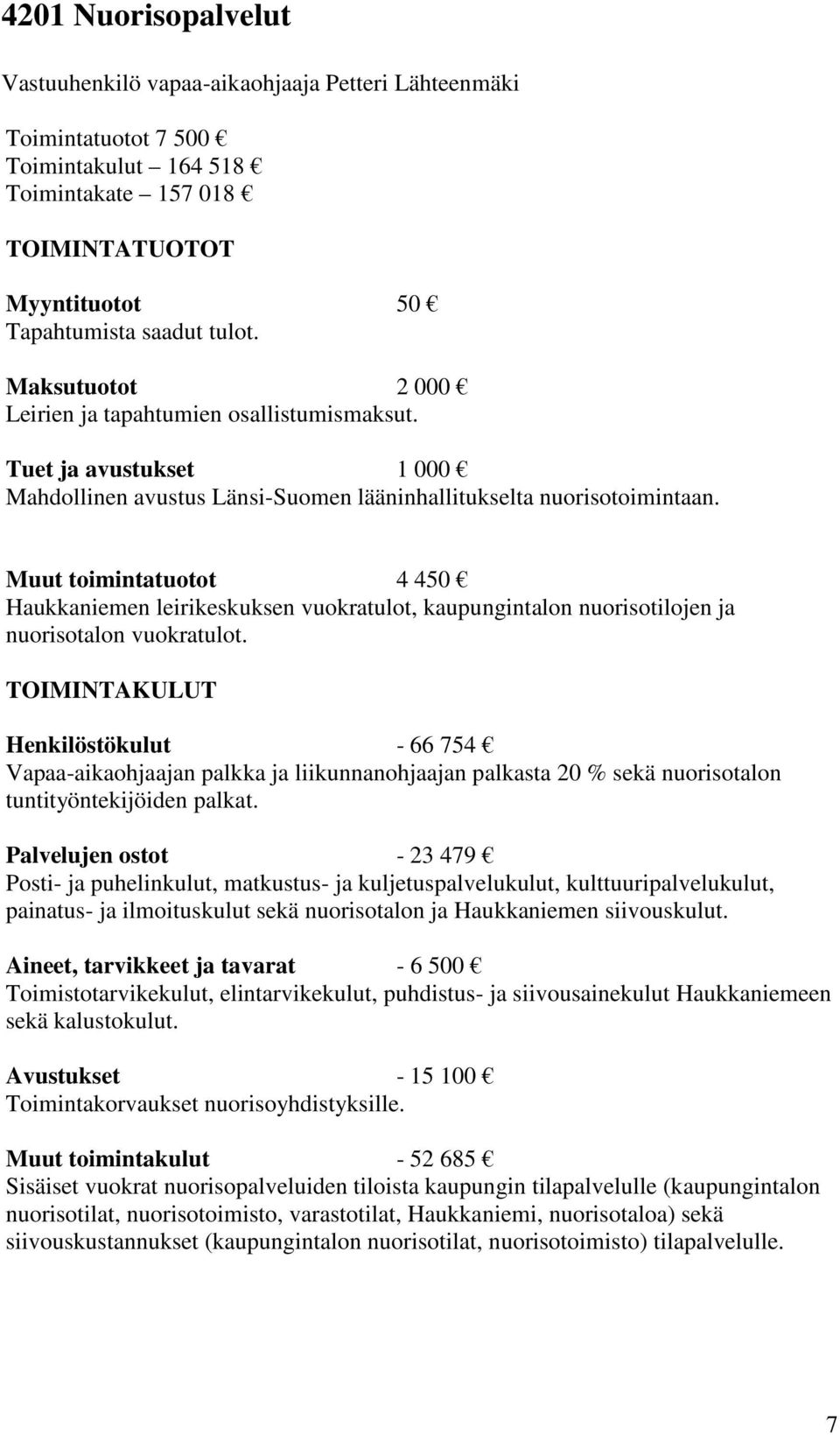 Muut toimintatuotot 4 450 Haukkaniemen leirikeskuksen vuokratulot, kaupungintalon nuorisotilojen ja nuorisotalon vuokratulot.