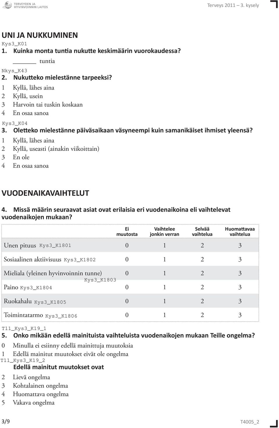 1 Kyllä, lähes aina 2 Kyllä, useasti (ainakin viikoittain) 3 En ole 4 En osaa sanoa VUODENAIKAVAIHTELUT 4.