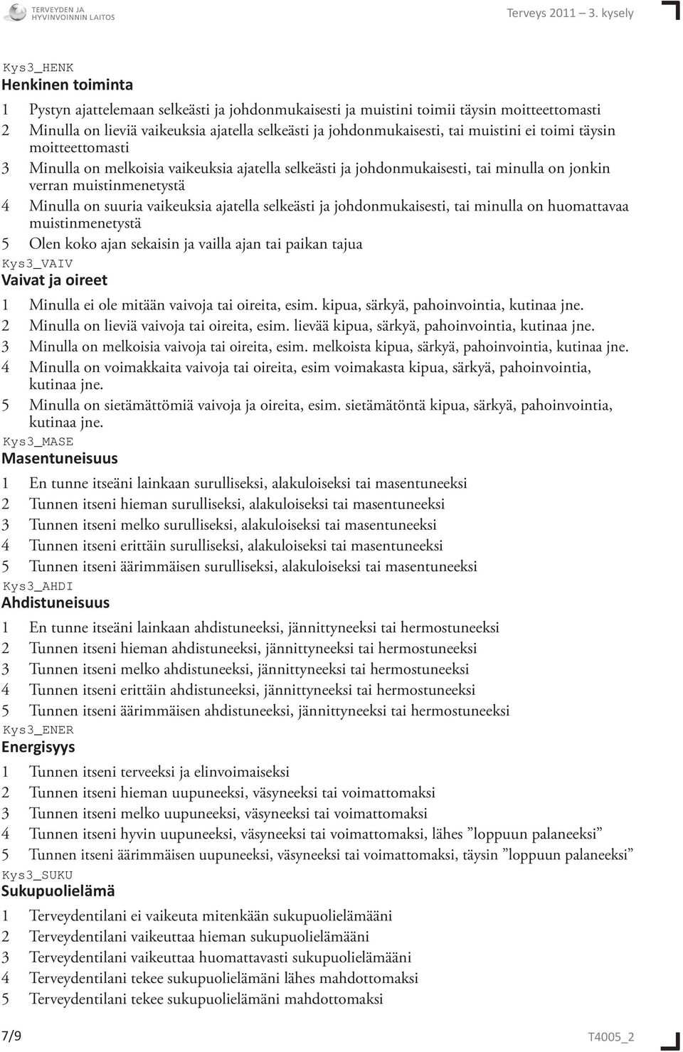 ja johdonmukaisesti, tai minulla on huomat tavaa muistinmenetystä 5 Olen koko ajan sekaisin ja vailla ajan tai paikan tajua Vaivat ja oireet 1 Minulla ei ole mitään vaivoja tai oireita, esim.