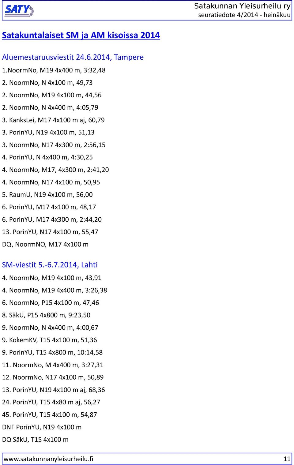 PorinYU, M 4x3 m, 2:44,2 3. PorinYU, N 4x m, 55,4 DQ, NoormNO, M 4x m SM-viestit 5.-6..24, Lahti 4., M9 4x m, 43,9 4., M9 4x4 m, 3:26,38 6., P5 4x m, 4,46 8. SäkU, P5 4x8 m, 9:23,5 9.
