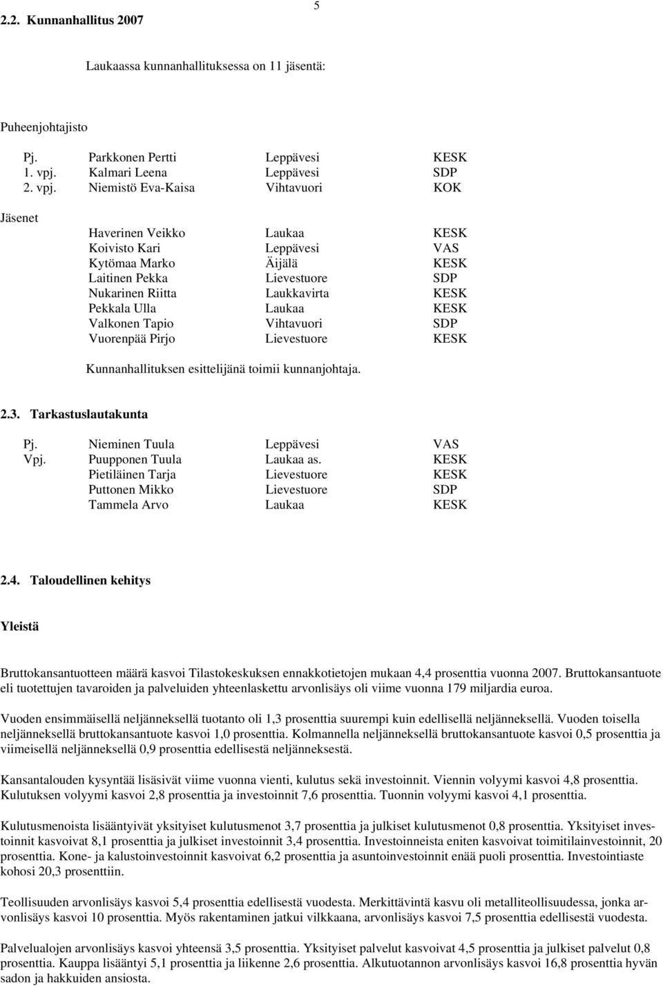 Niemistö Eva-Kaisa Vihtavuori KOK Jäsenet Haverinen Veikko Laukaa KESK Koivisto Kari Leppävesi VAS Kytömaa Marko Äijälä KESK Laitinen Pekka Lievestuore SDP Nukarinen Riitta Laukkavirta KESK Pekkala