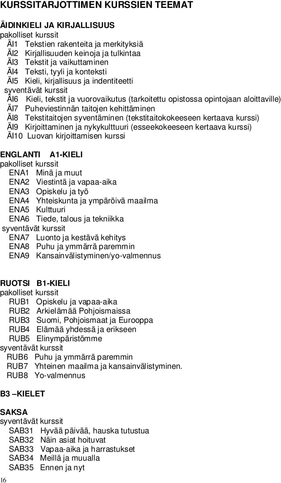 kehittäminen ÄI8 Tekstitaitojen syventäminen (tekstitaitokokeeseen kertaava kurssi) ÄI9 Kirjoittaminen ja nykykulttuuri (esseekokeeseen kertaava kurssi) ÄI10 Luovan kirjoittamisen kurssi ENGLANTI