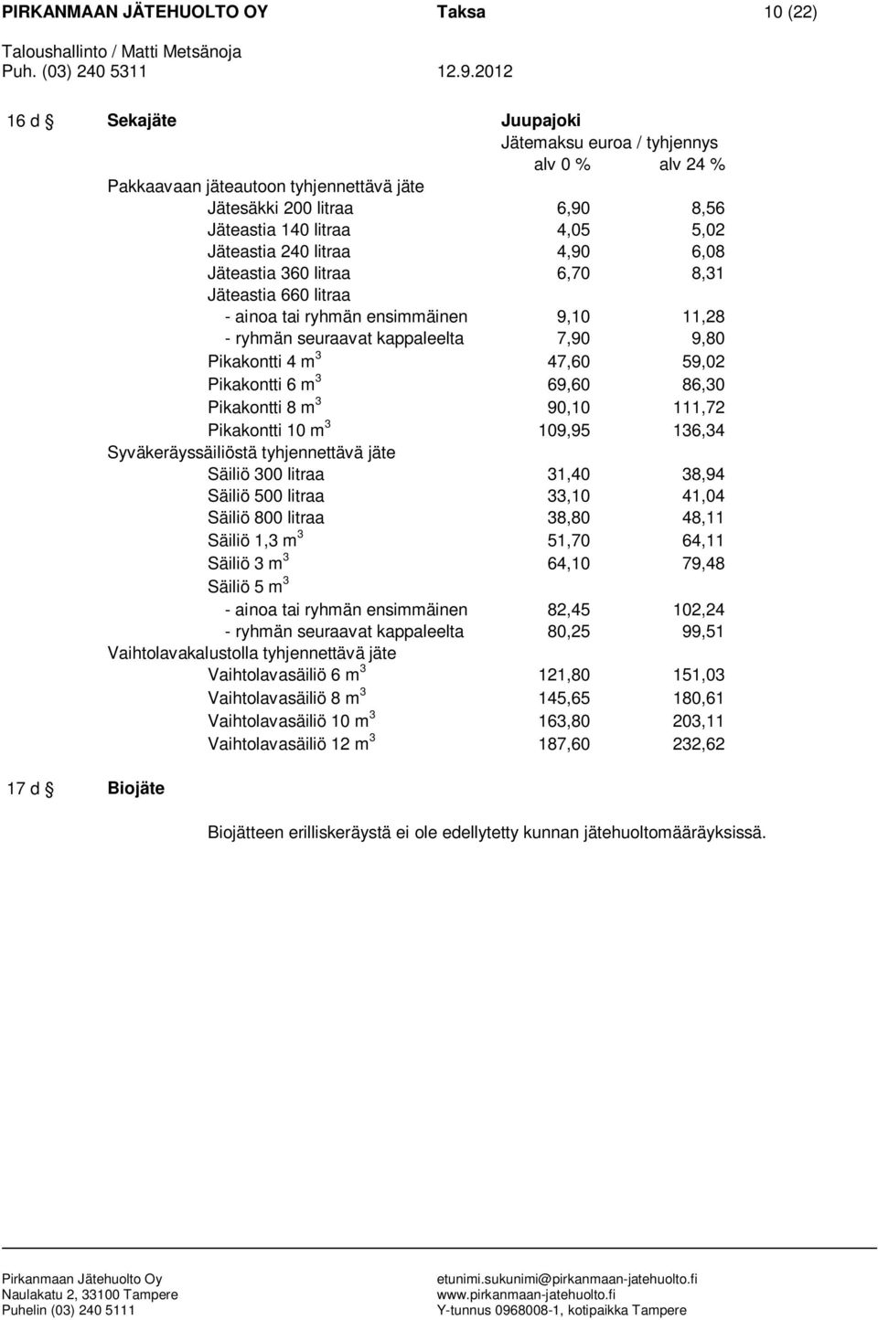 300 litraa 31,40 38,94 Säiliö 500 litraa 33,10 41,04 Säiliö 800 litraa 38,80 48,11 Säiliö 1,3 m 3 51,70 64,11 Säiliö 3 m 3 64,10 79,48 - ainoa tai ryhmän ensimmäinen 82,45 102,24 - ryhmän seuraavat