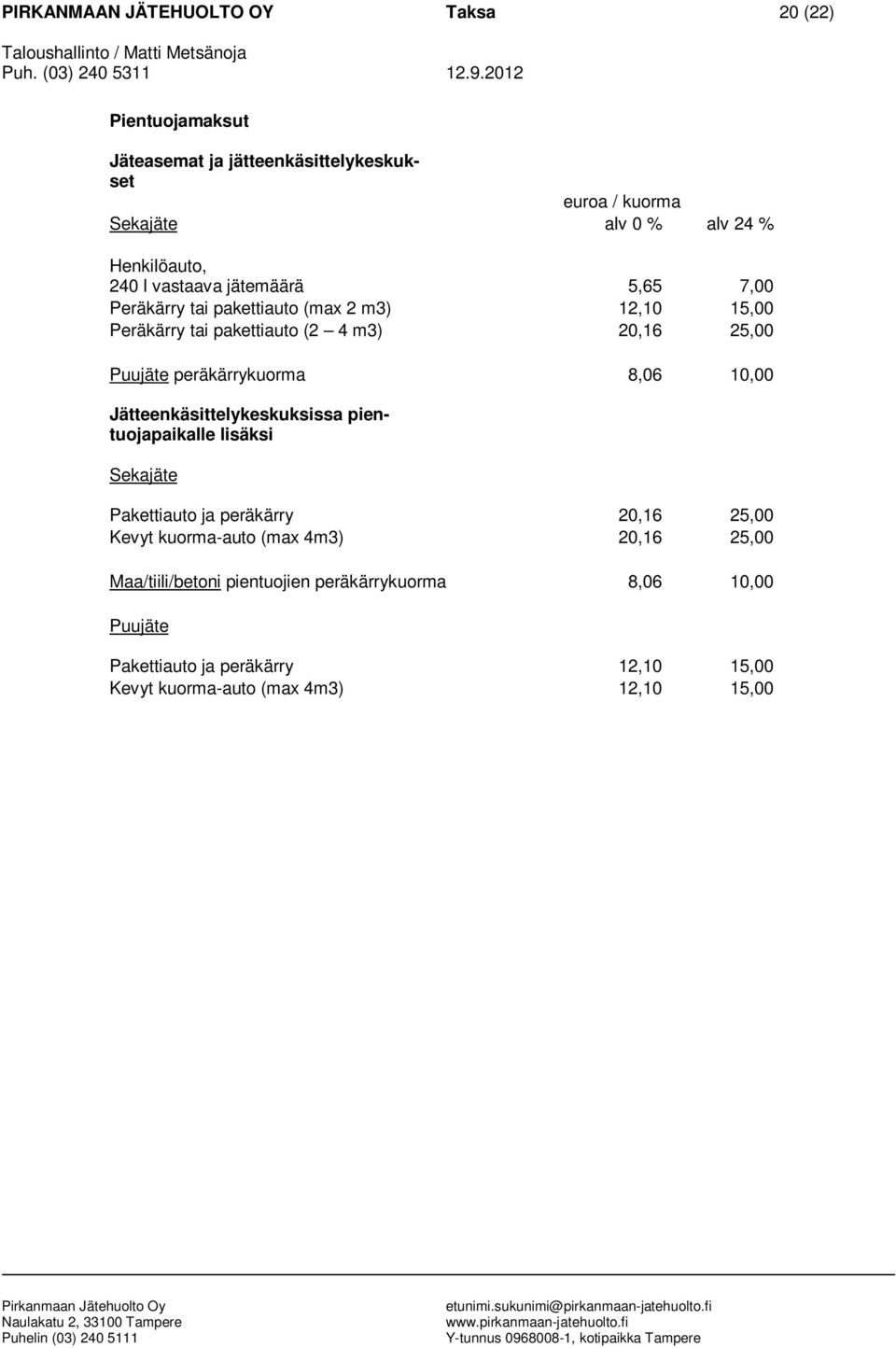 peräkärrykuorma 8,06 10,00 Jätteenkäsittelykeskuksissa pientuojapaikalle lisäksi Sekajäte Pakettiauto ja peräkärry 20,16 25,00 Kevyt kuorma-auto