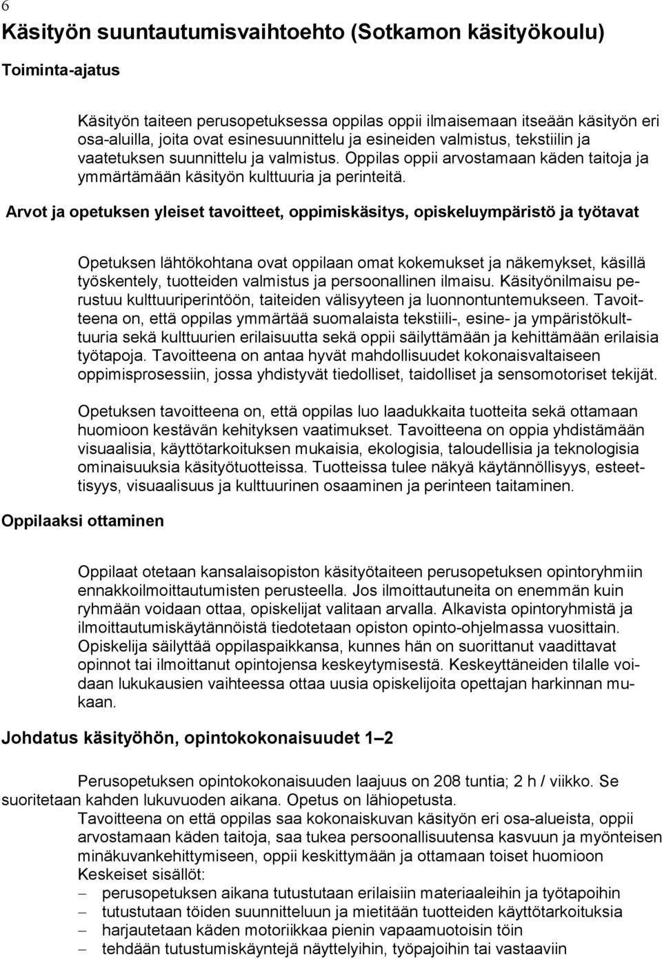 Arvot ja opetuksen yleiset tavoitteet, oppimiskäsitys, opiskeluympäristö ja työtavat Opetuksen lähtökohtana ovat oppilaan omat kokemukset ja näkemykset, käsillä työskentely, tuotteiden valmistus ja