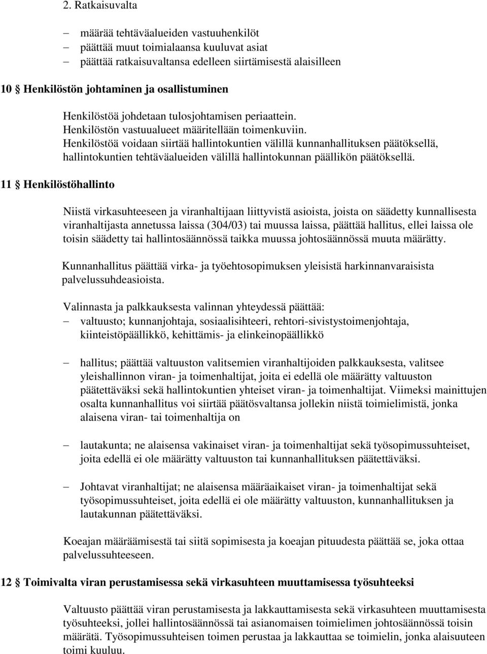 Henkilöstöä voidaan siirtää hallintokuntien välillä kunnanhallituksen päätöksellä, hallintokuntien tehtäväalueiden välillä hallintokunnan päällikön päätöksellä.