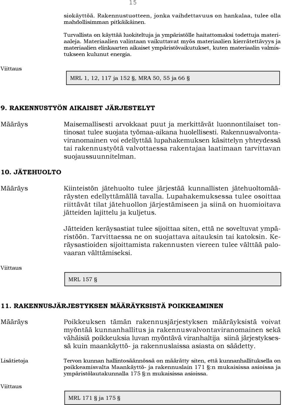 MRL 1, 12, 117 ja 152, MRA 50, 55 ja 66 9. RAKENNUSTYÖN AIKAISET JÄRJESTELYT Maisemallisesti arvokkaat puut ja merkittävät luonnontilaiset tontinosat tulee suojata työmaa-aikana huolellisesti.