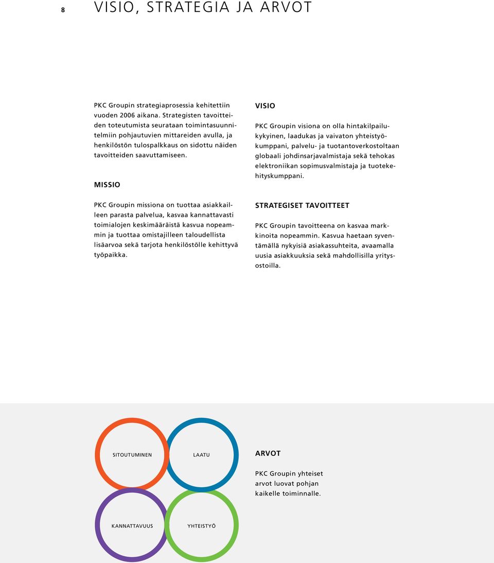 MISSIO VISIO PKC Groupin visiona on olla hintakilpailukykyinen, laadukas ja vaivaton yhteistyökumppani, palvelu- ja tuotantoverkostoltaan globaali johdinsarjavalmistaja sekä tehokas elektroniikan