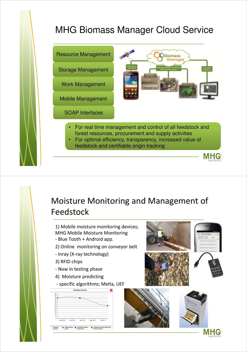 origin tracking Moisture Monitoring and Management of Feedstock 1) Mobile moisture monitoring devices; MHG Mobile Moisture Monitoring Blue Tooth + Android app.