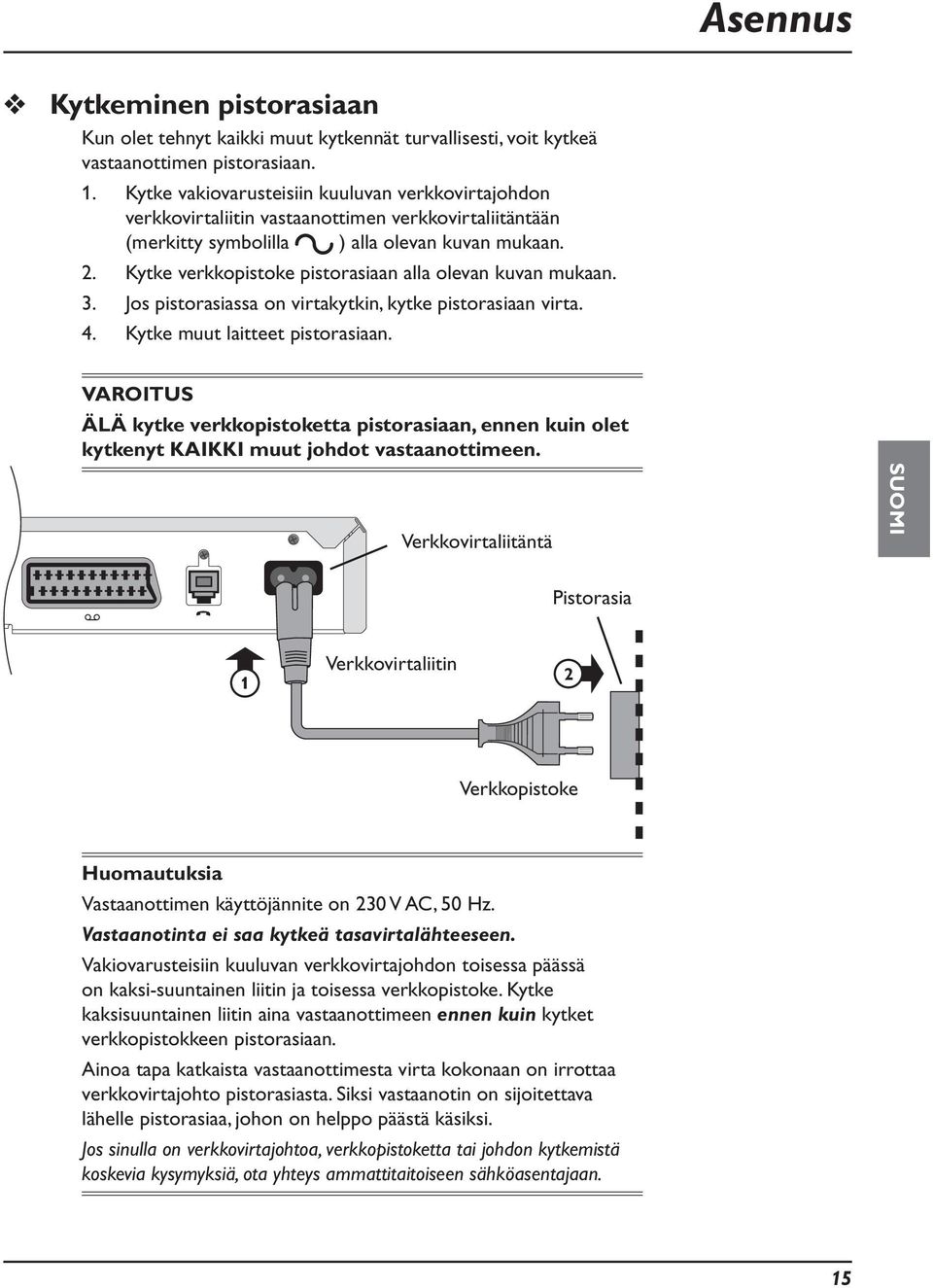 Kytke verkkopistoke pistorasiaan alla olevan kvan mkaan. 3. Jos pistorasiassa on virtakytkin, kytke pistorasiaan virta. 4. Kytke mt laitteet pistorasiaan.