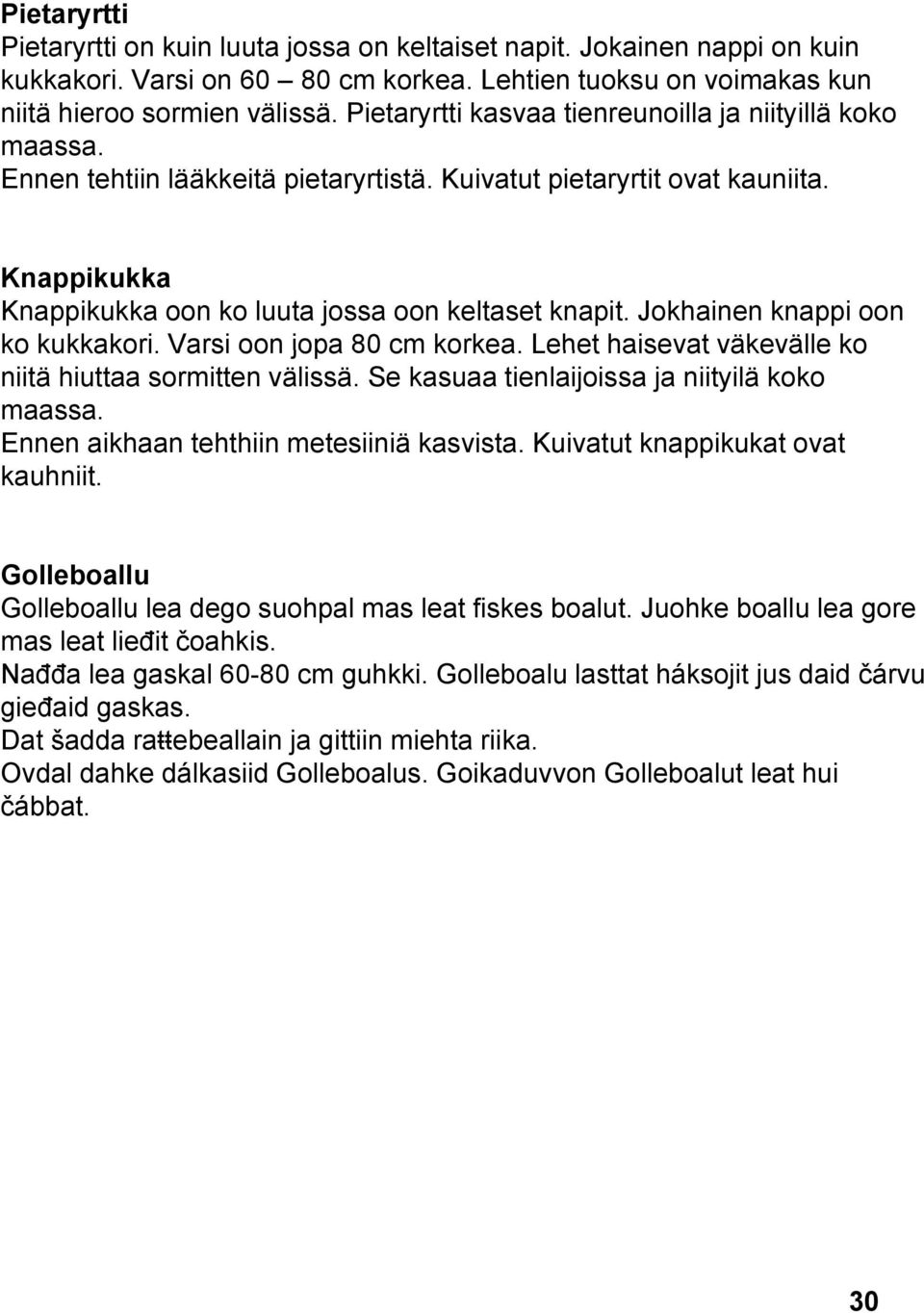 Jokhainen knappi oon ko kukkakori. Varsi oon jopa 80 cm korkea. Lehet haisevat väkevälle ko niitä hiuttaa sormitten välissä. Se kasuaa tienlaijoissa ja niityilä koko maassa.