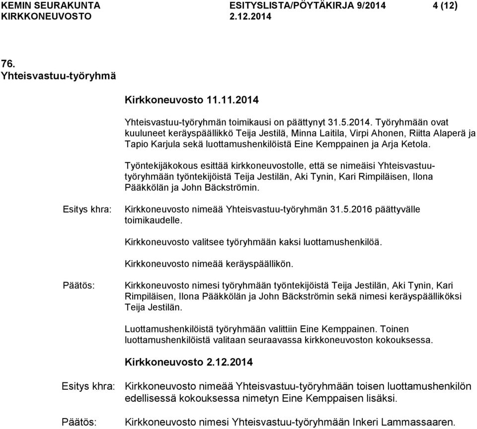 Yhteisvastuu-työryhmän toimikausi on päättynyt 31.5.2014.