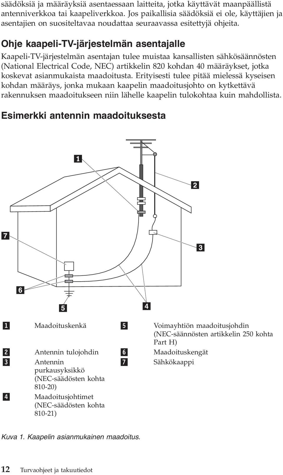 Ohje kaapeli-tv-järjestelmän asentajalle Kaapeli-TV-järjestelmän asentajan tulee muistaa kansallisten sähkösäännösten (National Electrical Code, NEC) artikkelin 820 kohdan 40 määräykset, jotka