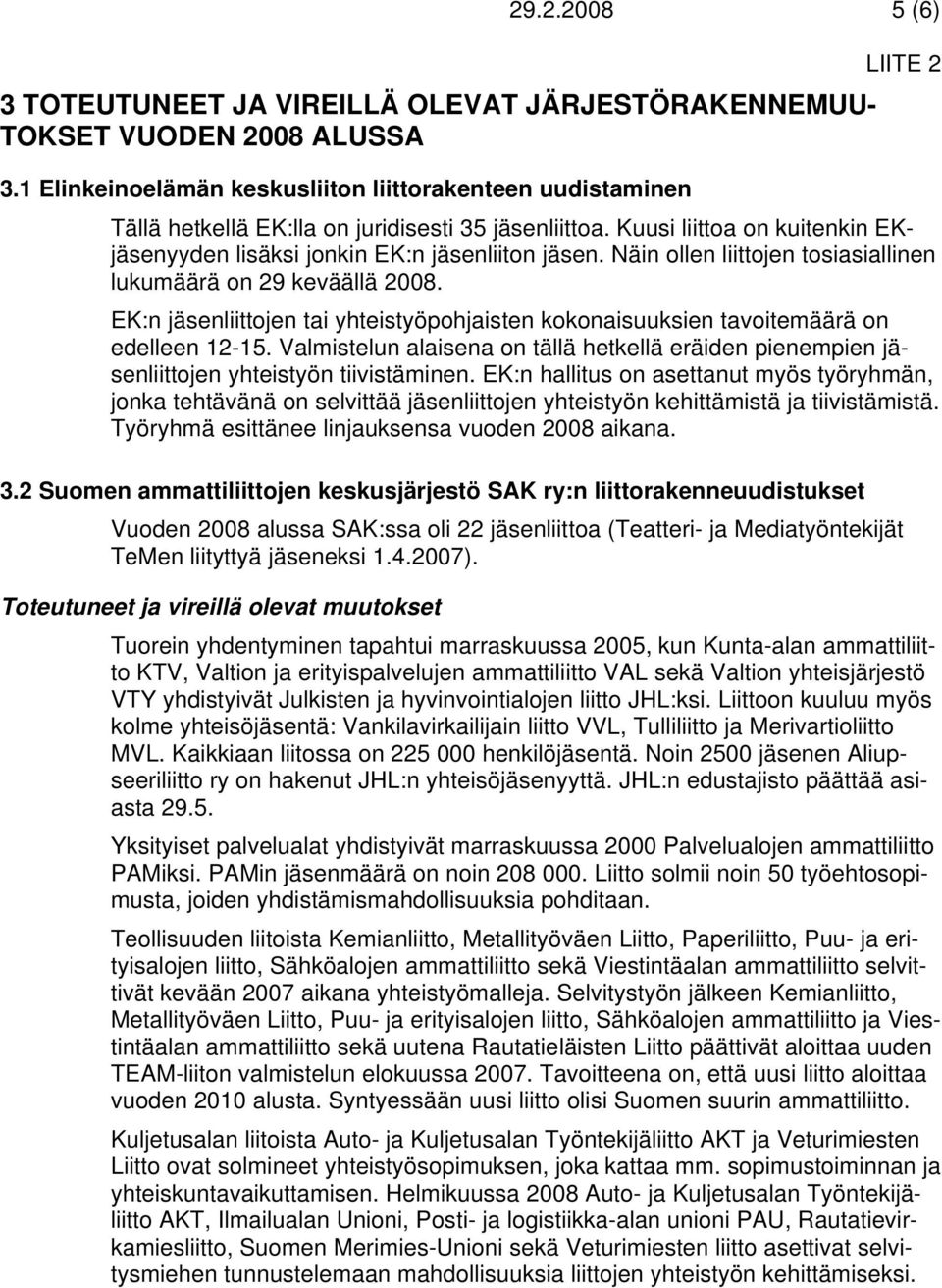 Näin ollen liittojen tosiasiallinen lukumäärä on 29 keväällä 2008. EK:n jäsenliittojen tai yhteistyöpohjaisten kokonaisuuksien tavoitemäärä on edelleen 12-15.