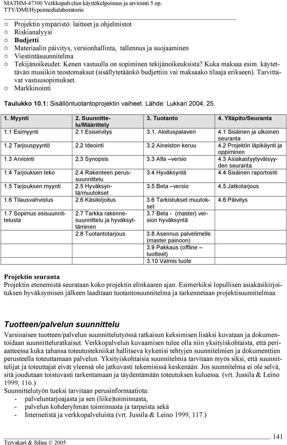 1: Sisällöntuotantoprojektin vaiheet. Lähde: Lukkari 2004, 25. 1. Myynti 2. Suunnittelu/Määrittely 3. Tuotanto 4. Ylläpito/Seuranta 1.1 Esimyynti 2.1 Esiselvitys 3.1. Aloituspalaveri 4.