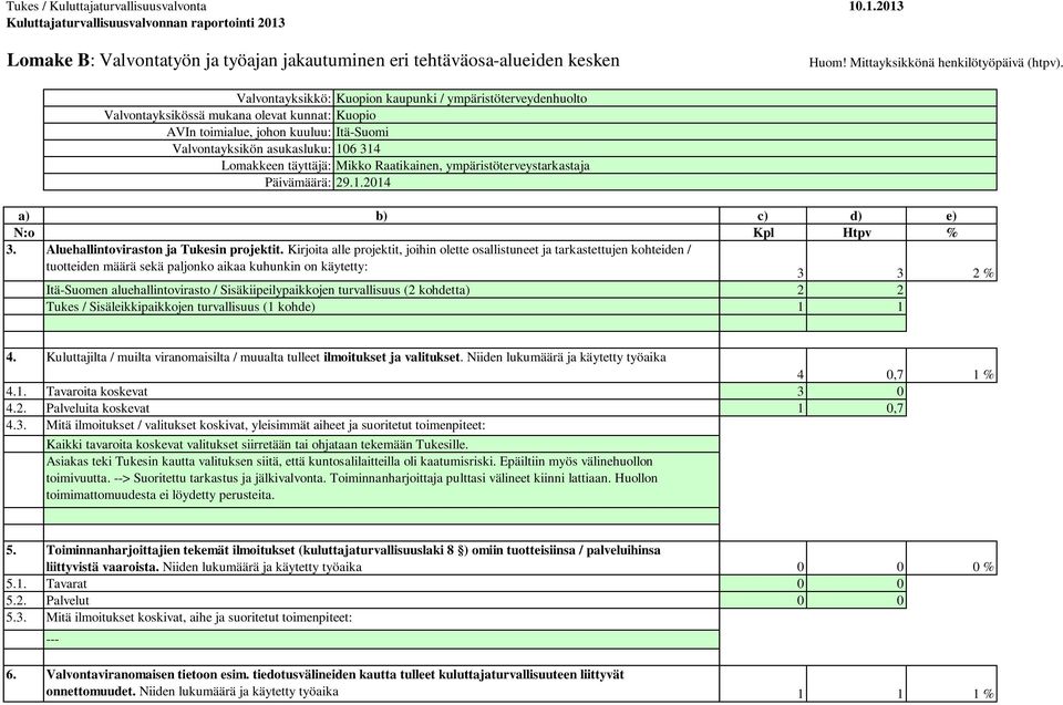 Valvontayksikkö: Kuopion kaupunki / ympäristöterveydenhuolto Valvontayksikössä mukana olevat kunnat: Kuopio AVIn toimialue, johon kuuluu: Itä-Suomi Valvontayksikön asukasluku: 106 314 Lomakkeen