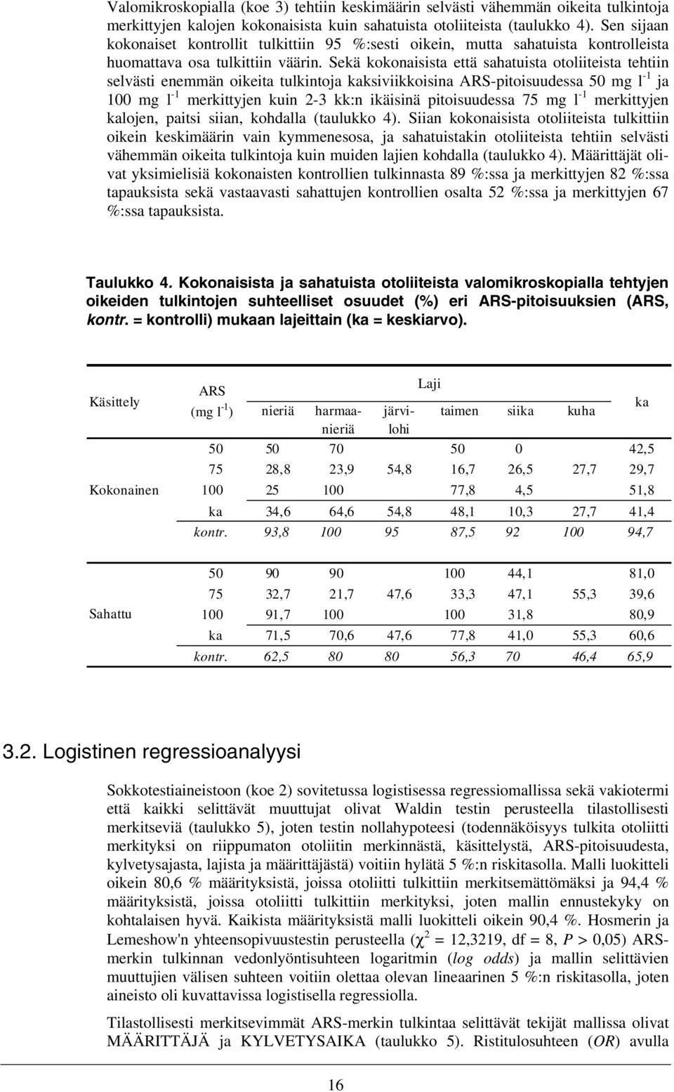 Sekä kokonaisista että sahatuista otoliiteista tehtiin selvästi enemmän oikeita tulkintoja kaksiviikkoisina ARS-pitoisuudessa 50 mg l -1 ja 100 mg l -1 merkittyjen kuin 2-3 kk:n ikäisinä