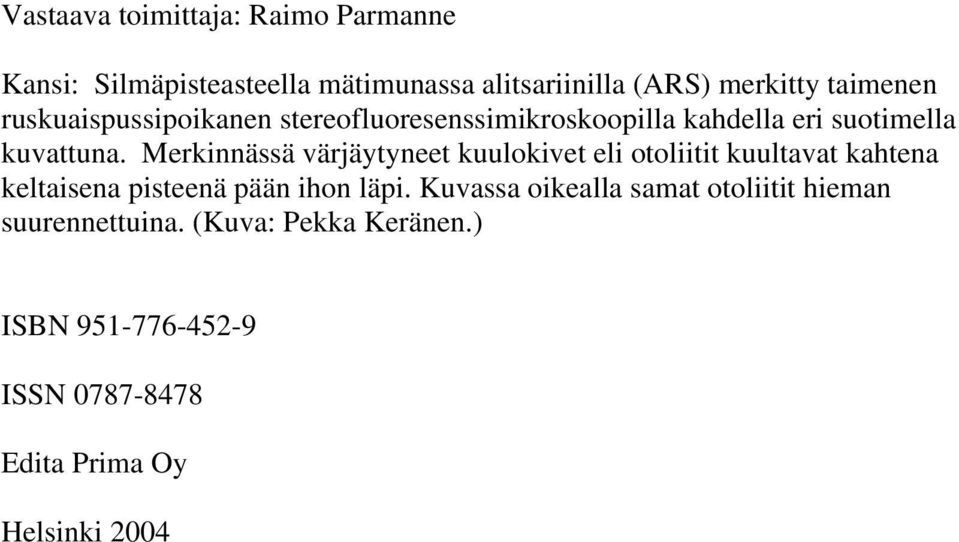 Merkinnässä värjäytyneet kuulokivet eli otoliitit kuultavat kahtena keltaisena pisteenä pään ihon läpi.