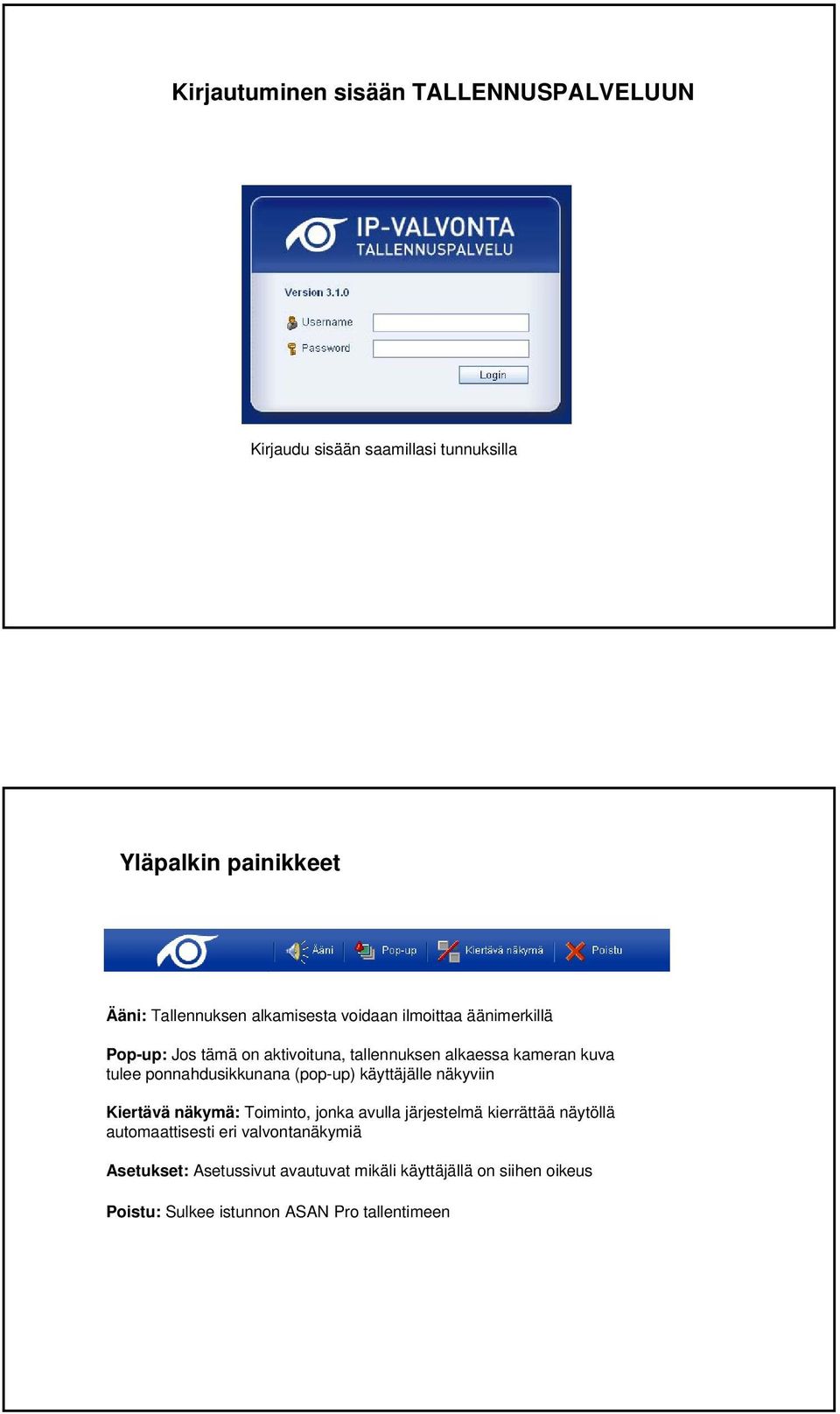ponnahdusikkunana (pop-up) käyttäjälle näkyviin Kiertävä näkymä: Toiminto, jonka avulla järjestelmä kierrättää näytöllä