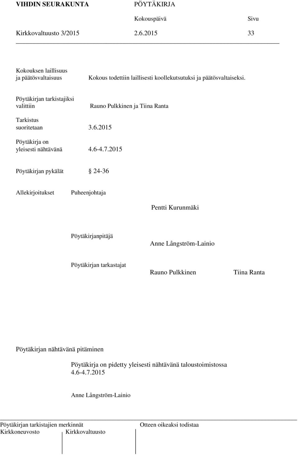 2015 Pöytäkirjan pykälät 24-36 Allekirjoitukset Puheenjohtaja Pentti Kurunmäki Pöytäkirjanpitäjä Anne Långström-Lainio Pöytäkirjan tarkastajat