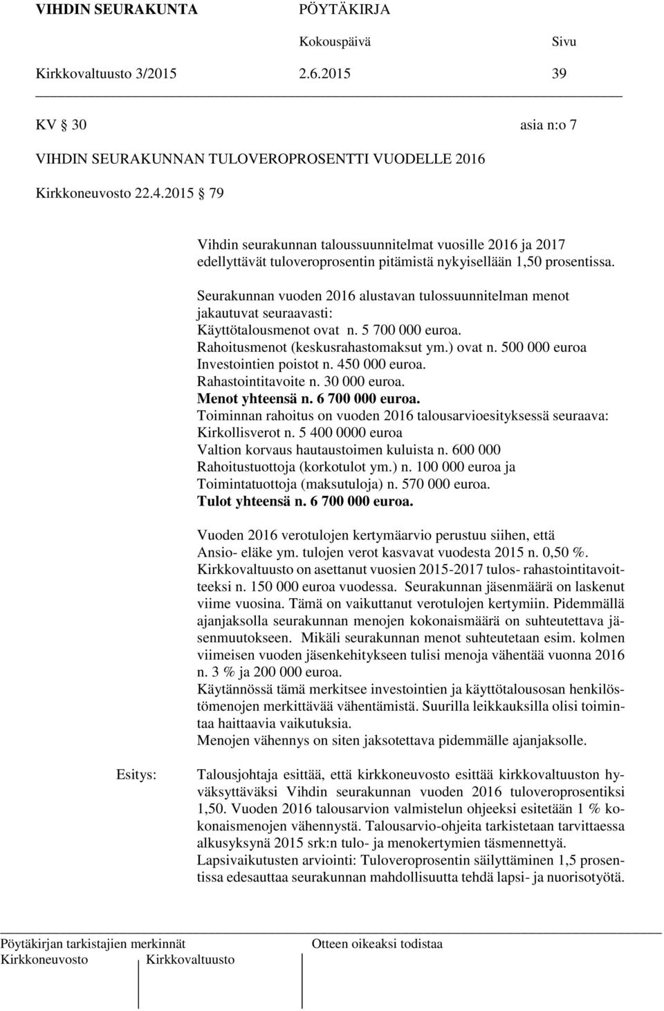 Seurakunnan vuoden 2016 alustavan tulossuunnitelman menot jakautuvat seuraavasti: Käyttötalousmenot ovat n. 5 700 000 euroa. Rahoitusmenot (keskusrahastomaksut ym.) ovat n.