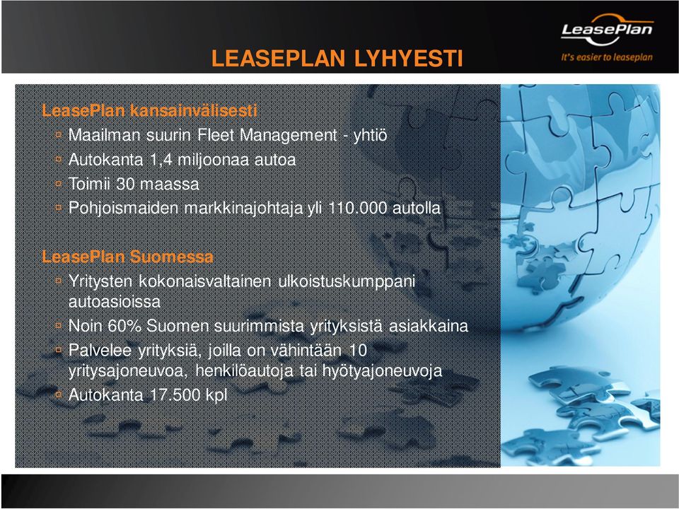 000 autolla LeasePlan Suomessa Yritysten kokonaisvaltainen ulkoistuskumppani autoasioissa Noin 60% Suomen