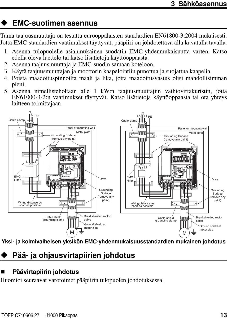 Katso edellä oleva luettelo tai katso lisätietoja käyttöoppaasta. 2. Asenna taajuusmuuttaja ja EMC-suodin samaan koteloon. 3.