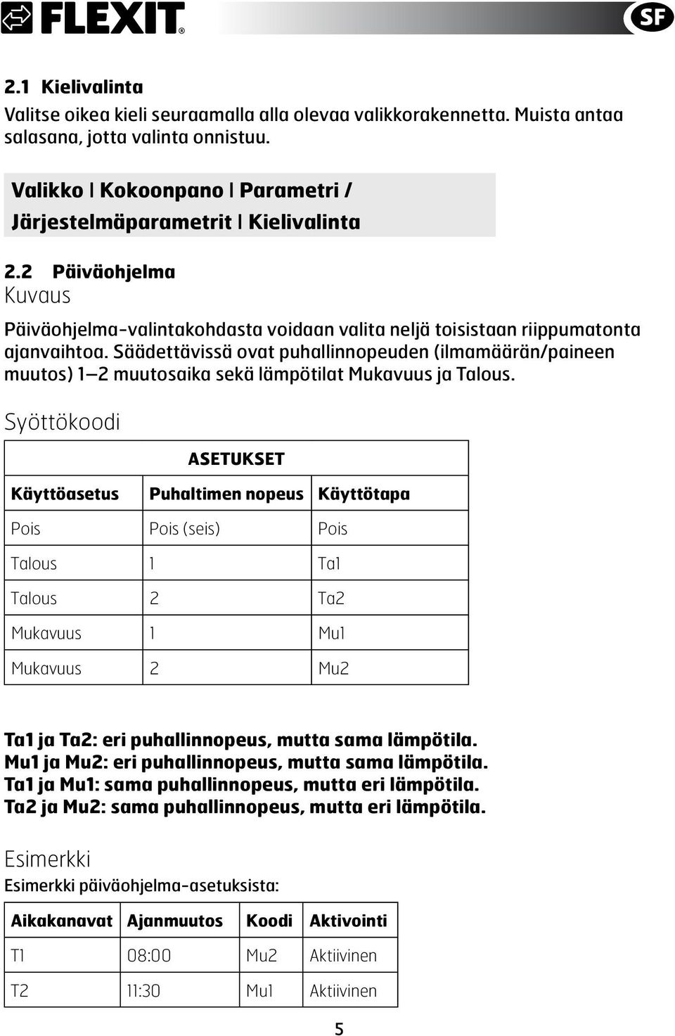 Säädettävissä ovat puhallinnopeuden (ilmamäärän/paineen muutos) 1 2 muutosaika sekä lämpötilat Mukavuus ja Talous.