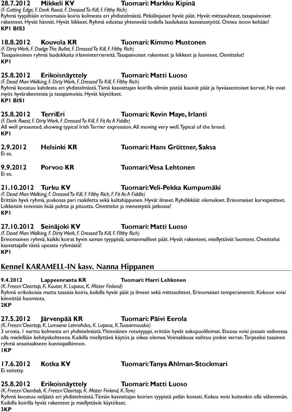 8.2012 Kouvola KR Tuomari: Kimmo Mustonen (F. Dirty Work, F. Dodge The Bullet, F. Dressed To Kill, F. Filthy Rich) Tasapainoinen ryhmä laadukkaita irlanninterriereitä.