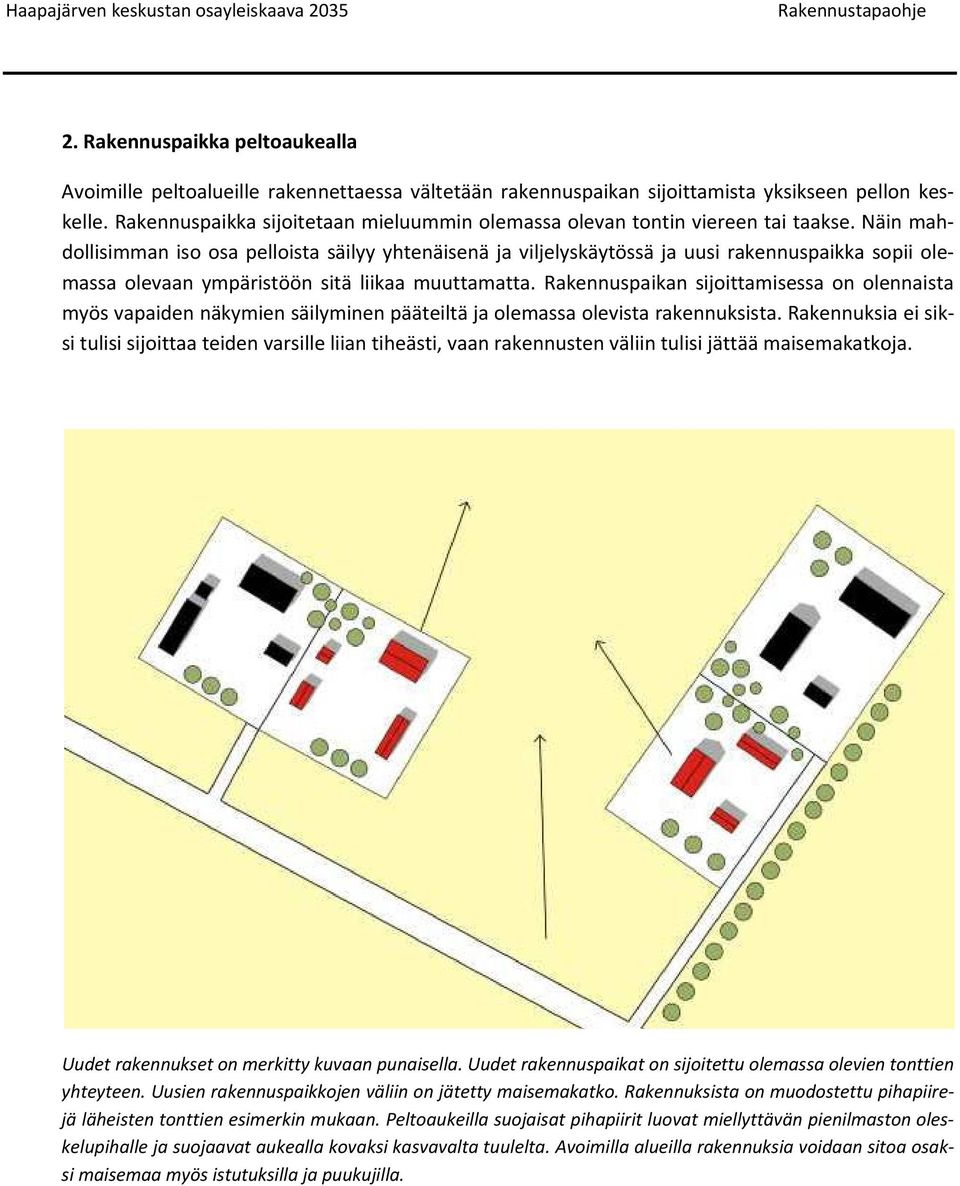 Näin mahdollisimman iso osa pelloista säilyy yhtenäisenä ja viljelyskäytössä ja uusi rakennuspaikka sopii olemassa olevaan ympäristöön sitä liikaa muuttamatta.