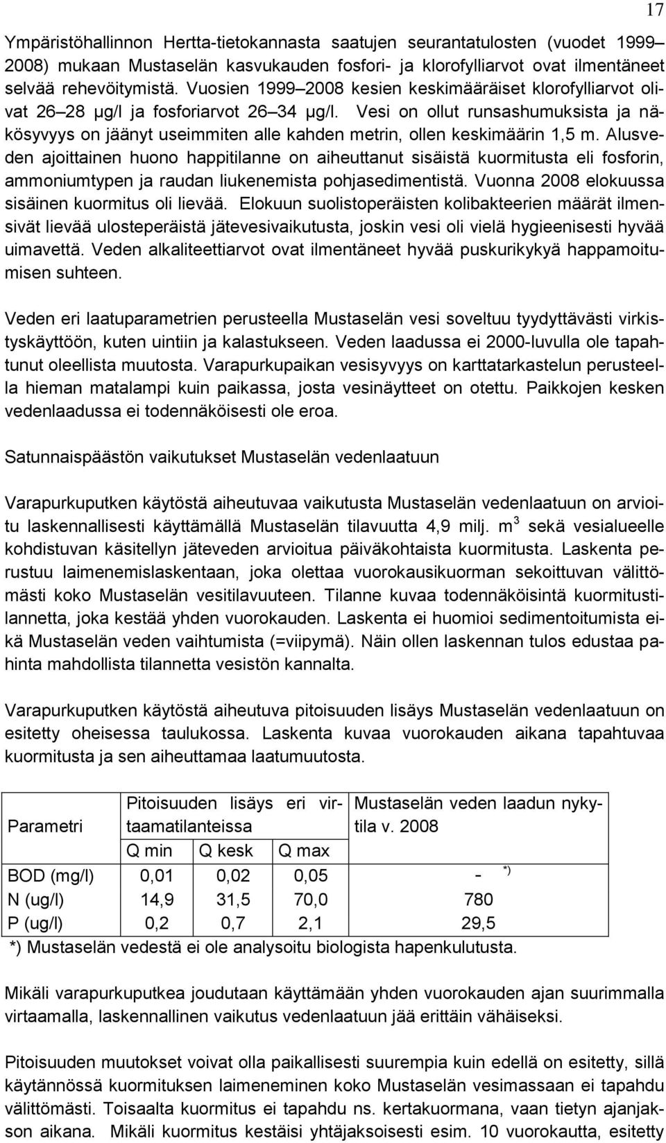Vesi on ollut runsashumuksista ja näkösyvyys on jäänyt useimmiten alle kahden metrin, ollen keskimäärin 1,5 m.
